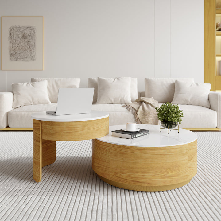 Modern Round Coffee Table with Storage Lift-Top Wood & Glass Coffee Table with 2 Drawers