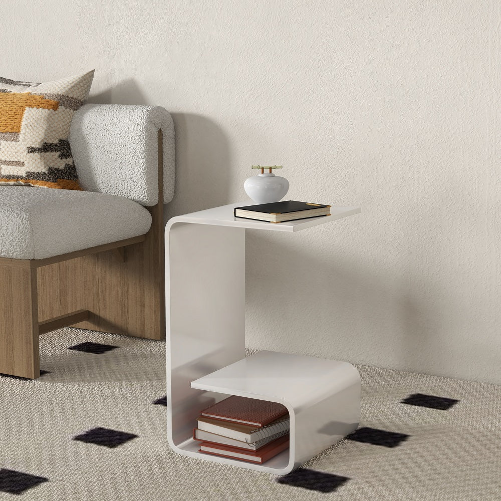 Modern White Acrylic End Table with Storage C-Shaped Side Table