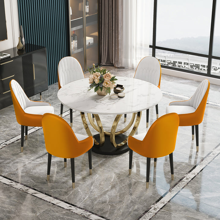 Dining Table Set 53" Round Faux Marble Top Dining Table White & Orange with 6 Chairs