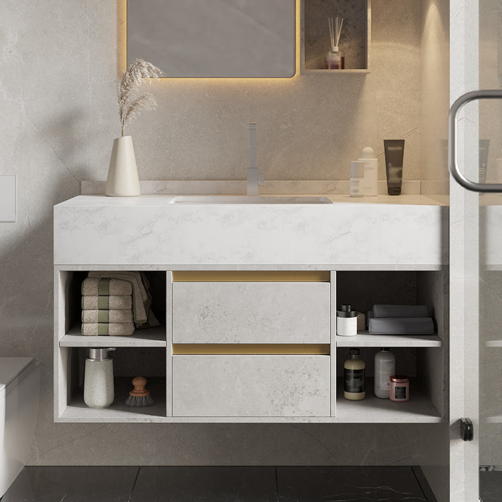 1000mm Floating Ceramic Sink & Shelves in Grey & Bathroom Cabinet Vanity