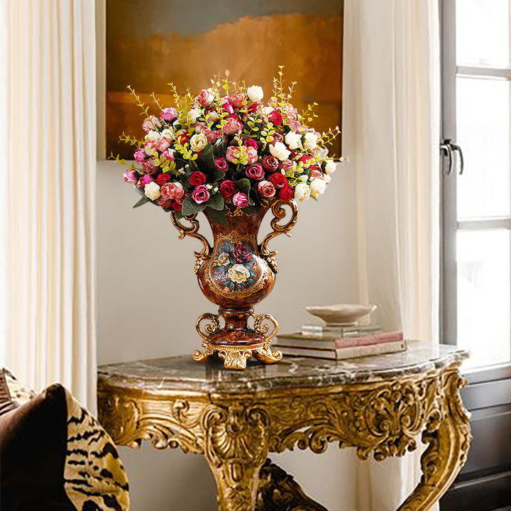 European Artificial Vintage Flower Arrangement Vase Set Golden Resin Vase Fake Flower