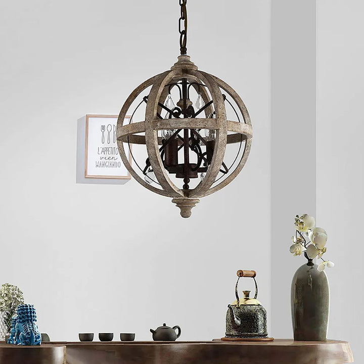 Retro Rustic Weathered Wooden Globe Metal Orb Crystal 3-Light Chandelier Small