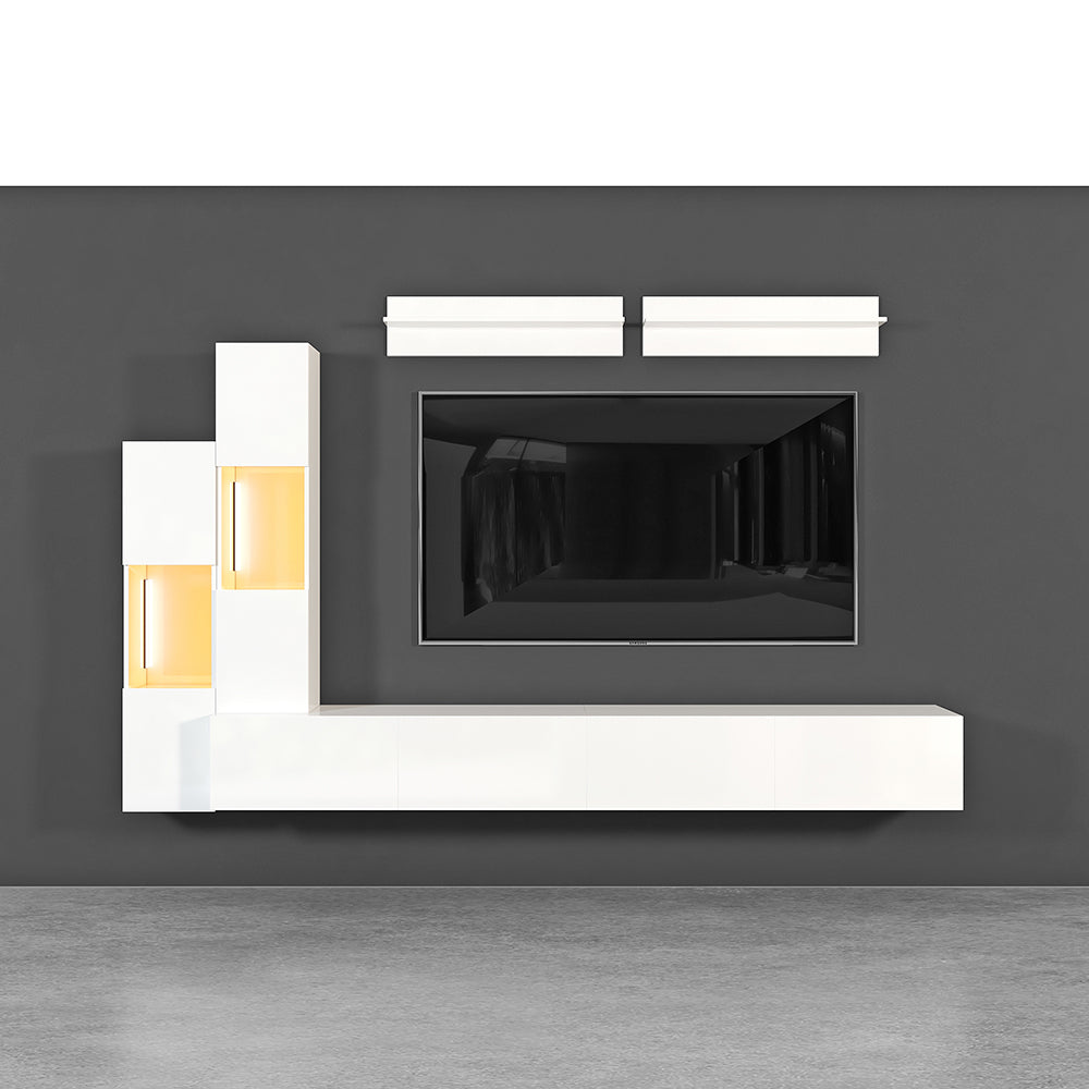 LED Floating Entertainment Center Wood TV Stand Wall Mount Unit Set in White