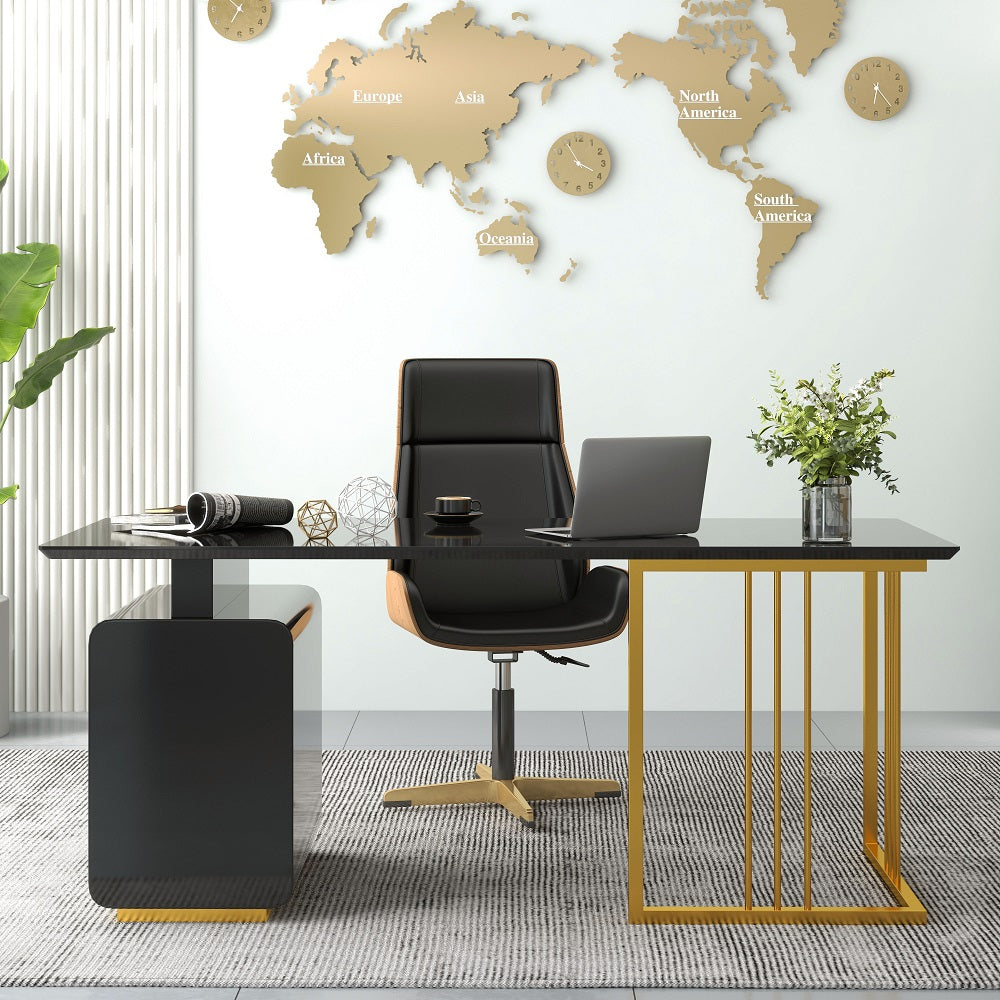 1400mm Modern Black Office Desk with Drawers & Side Cabinet in Gold Base