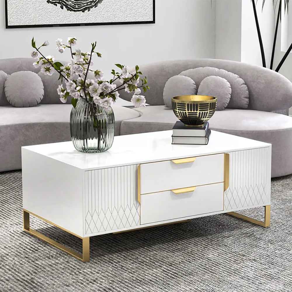 Aro Modern White Rectangular Coffee Table with Storage of Drawers & Doors in Gold