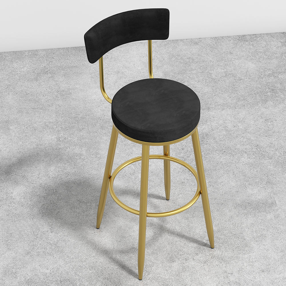 Round Black Bar Height Stool Velvet Upholstery with Back & Footrest for Kitchen Island