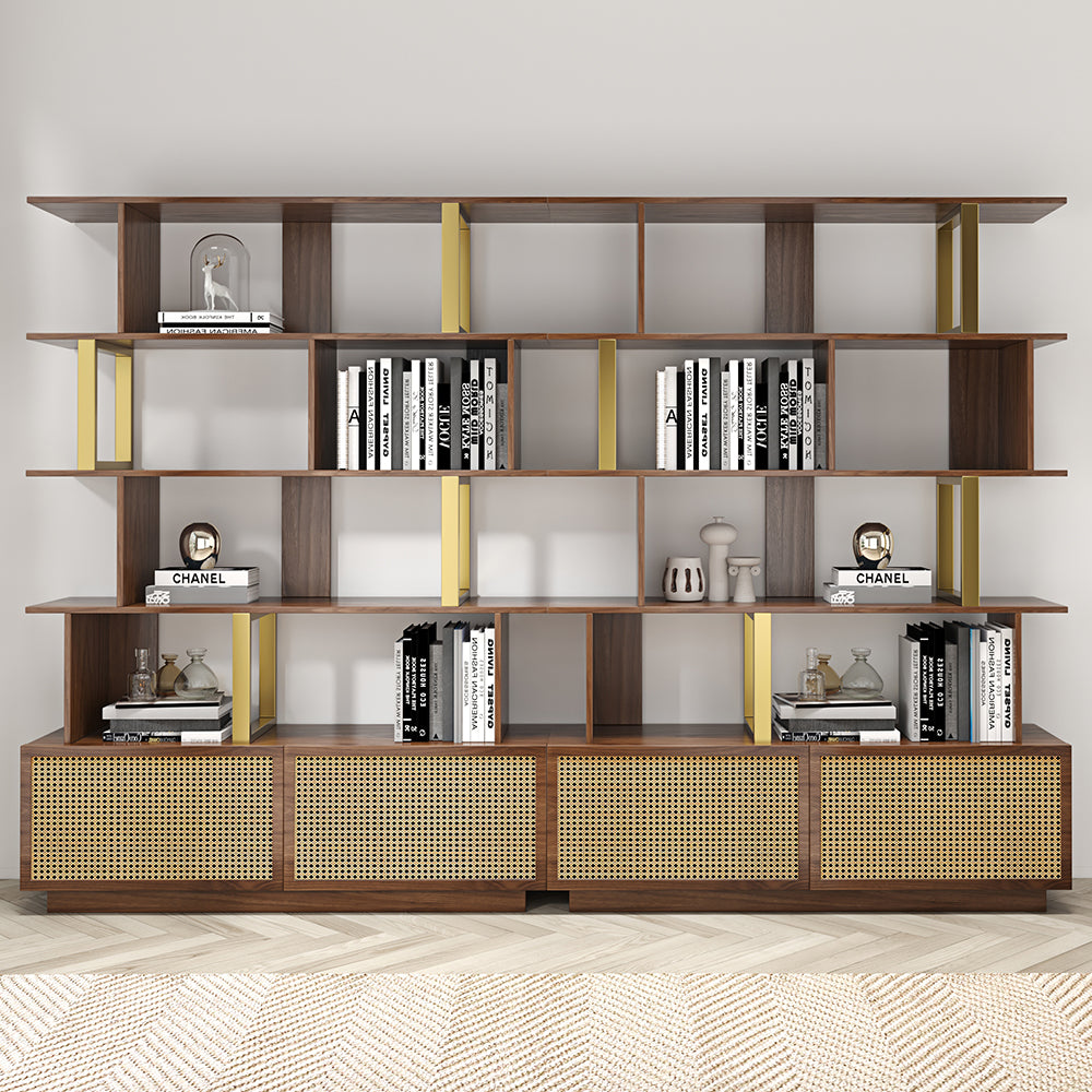 5-Tier Walnut Bookshelf with 2 Drawers Wooden Bookcase in Gold (64.8" High)