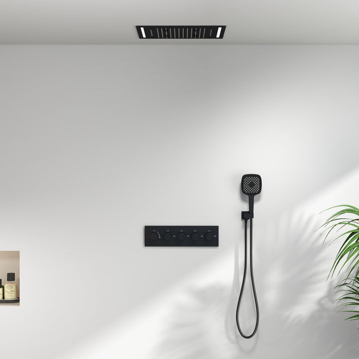 Wall-Mounted 500mm Shower Set Rainfall 4 Functions Thermostatic in Matte Black