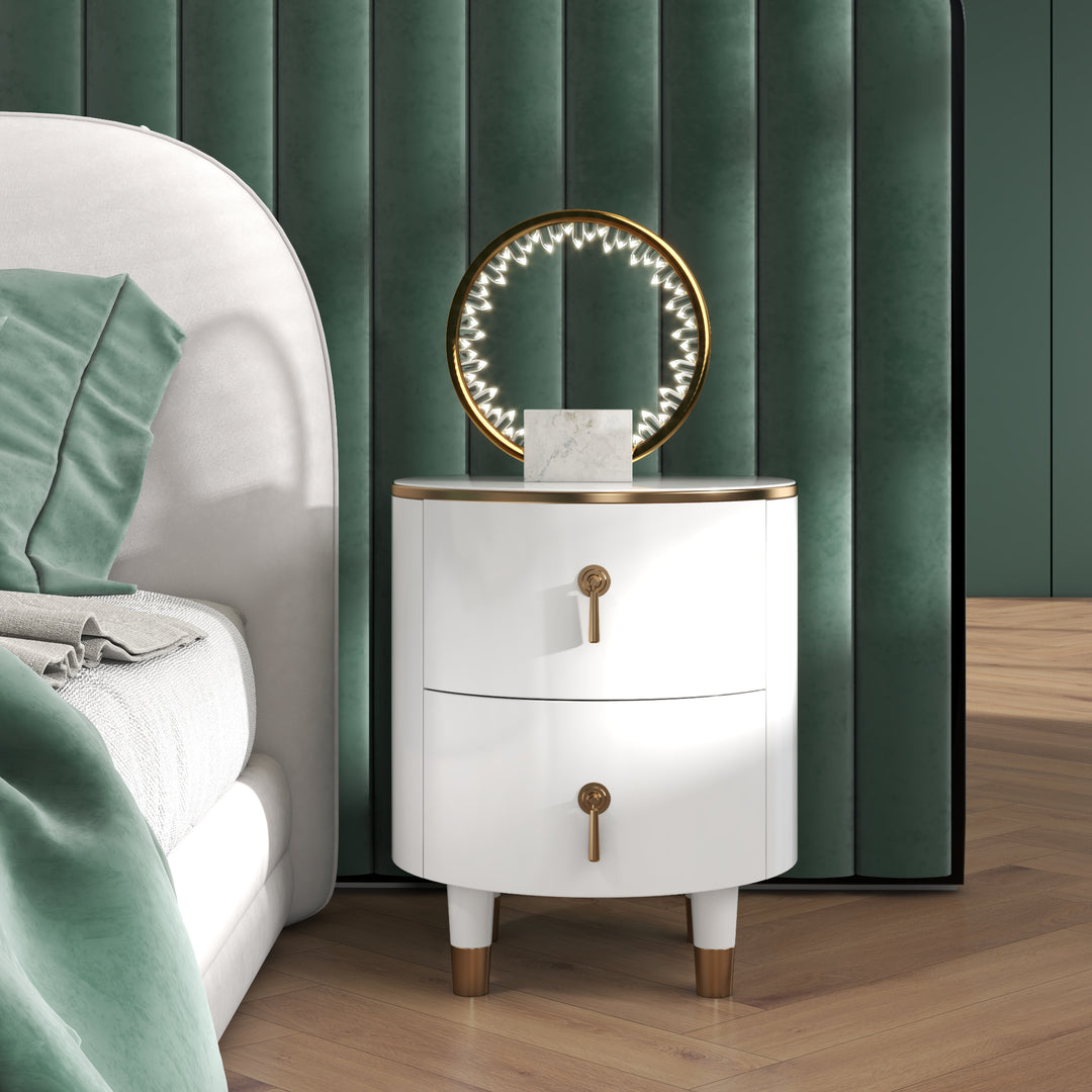 2-Drawer Round Bedside Table Modern White Bedside Table in Gold Finish