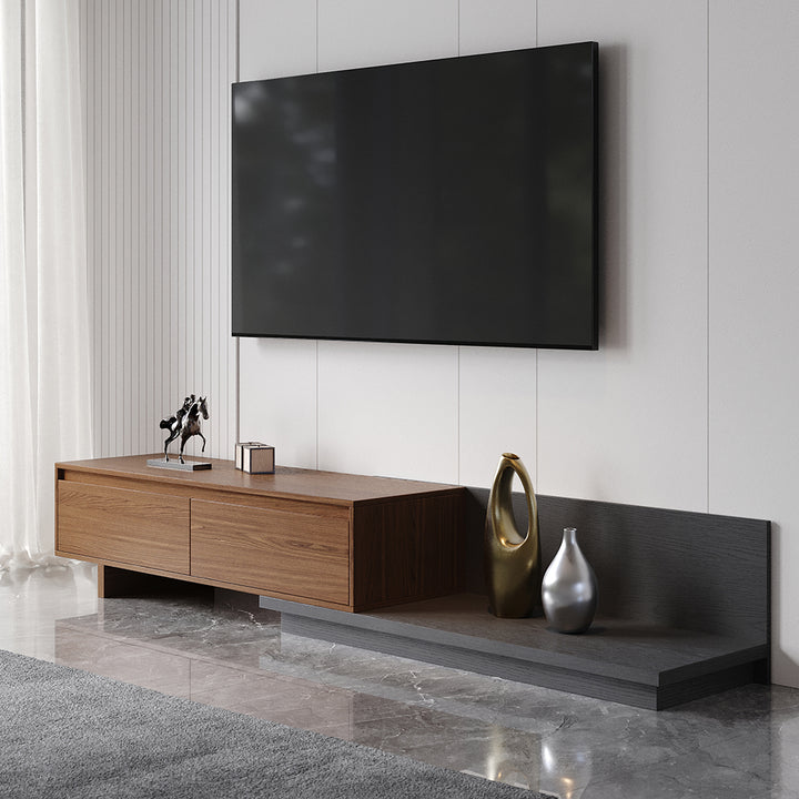 Homary Fero Minimalist Retracted & Extendable 2 Drawers TV Stand in Walnut & Gray Up to 75"