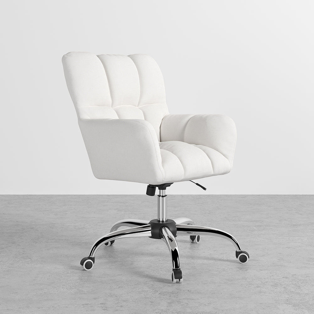 Modern White Office Chair Upholstered Cotton & Linen Swivel Task Chair Height Adjustable