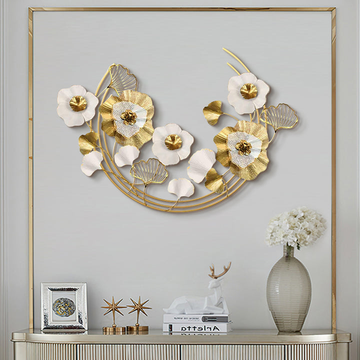 1200mm Modern Metal Wall Decor Art with Gold & White Leaves & Flowers for Living Room