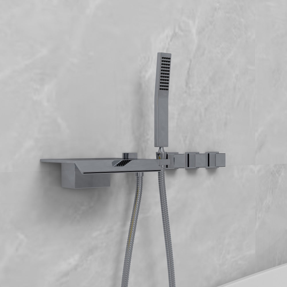 Moda Polished Chrome Wall-Mounted Waterfall Bath Tap with Hand Shower Solid Brass