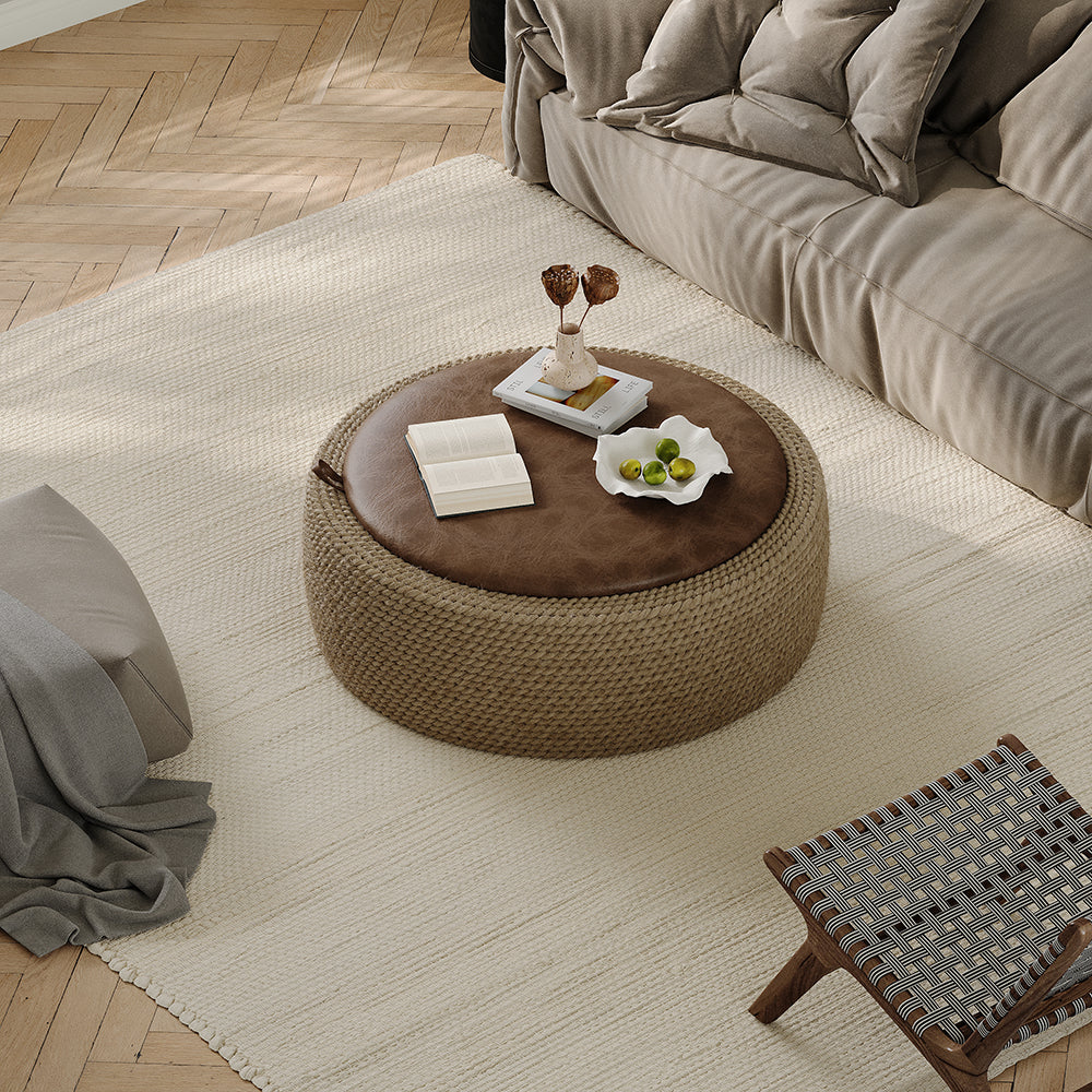 Coastal Round Woven Rope Drum Coffee Table in Brown with Storage