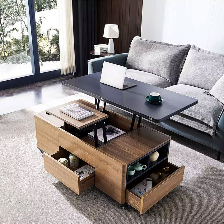 Homary Modern Lift Top Coffee Table Multi Functional Table with 3 Drawers in Walnut & Black