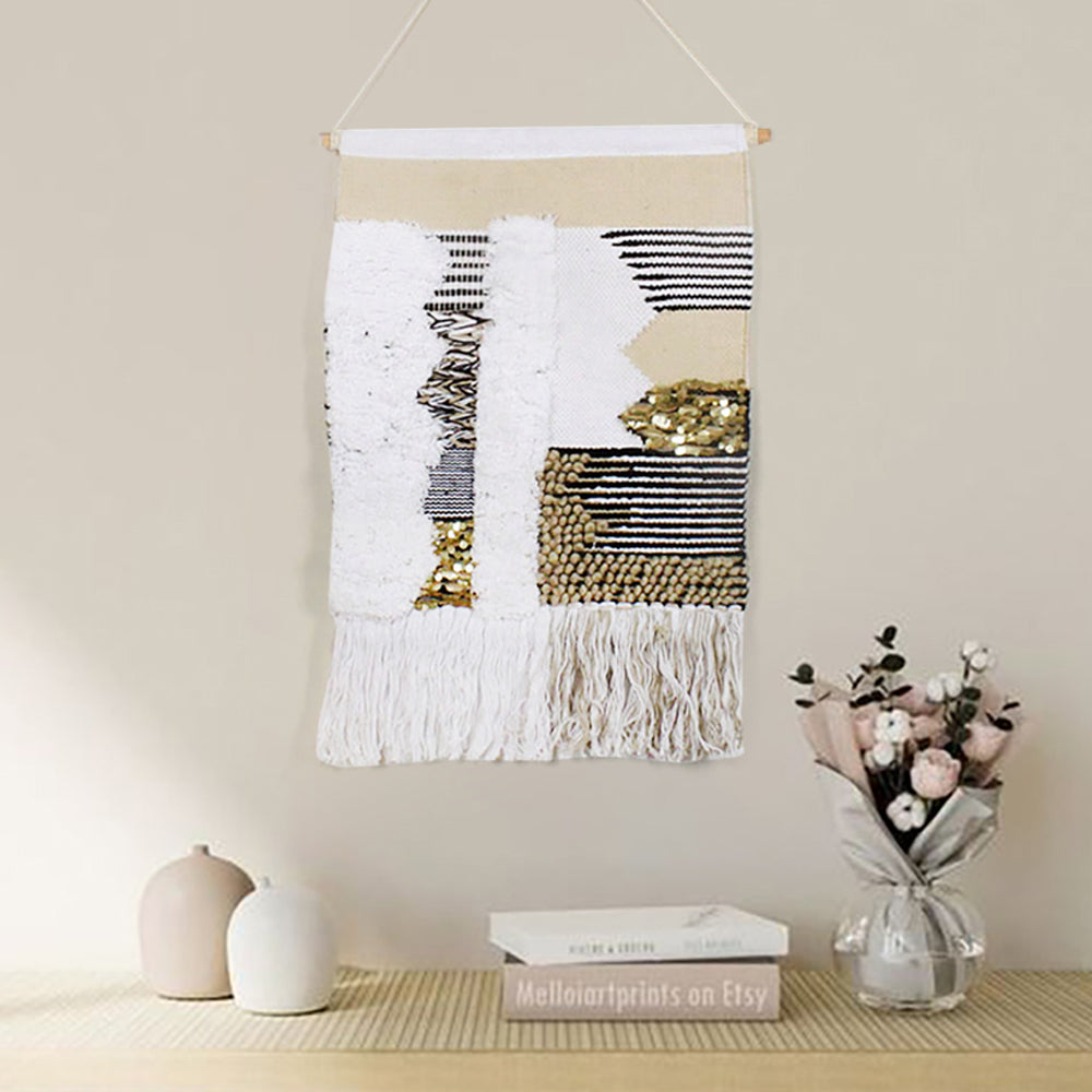 Modern Woven Black and Gold Blend Tapestry Macrame Wall Hanging