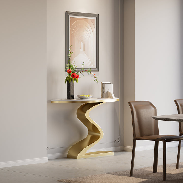 Curved Console Table with Sintered Stone Top Half Moon Shape Entryway Furniture in White & Gold (1000mm Wide)