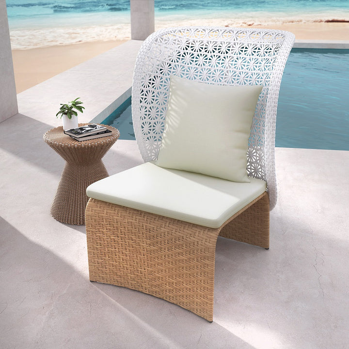 Hofer Rattan Outdoor Wingback Chair with White Cushion Pillow with Arched Bottom