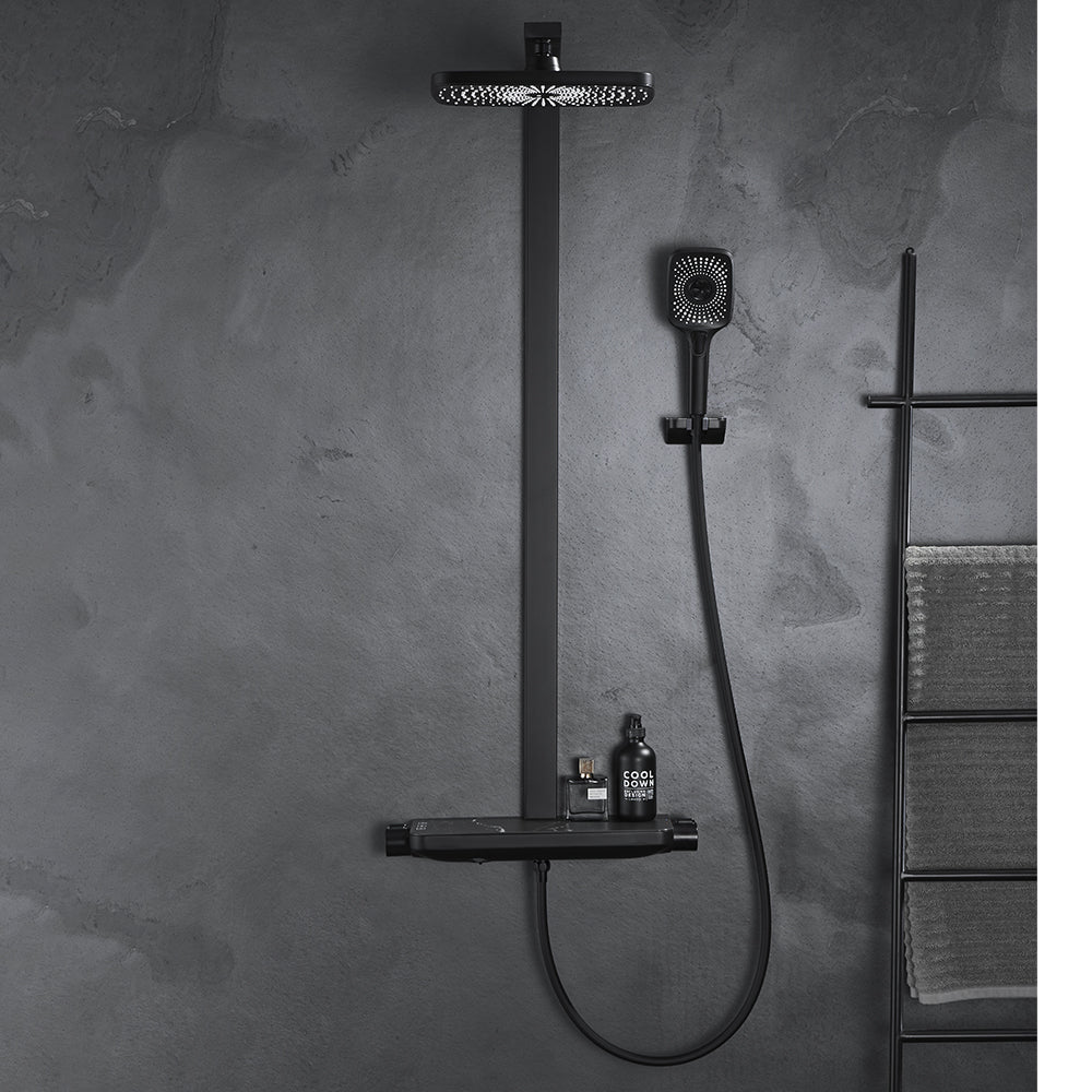 Black Exposed Rainfall Shower Mixer Tap with Handshower & Stone Rack Solid Brass