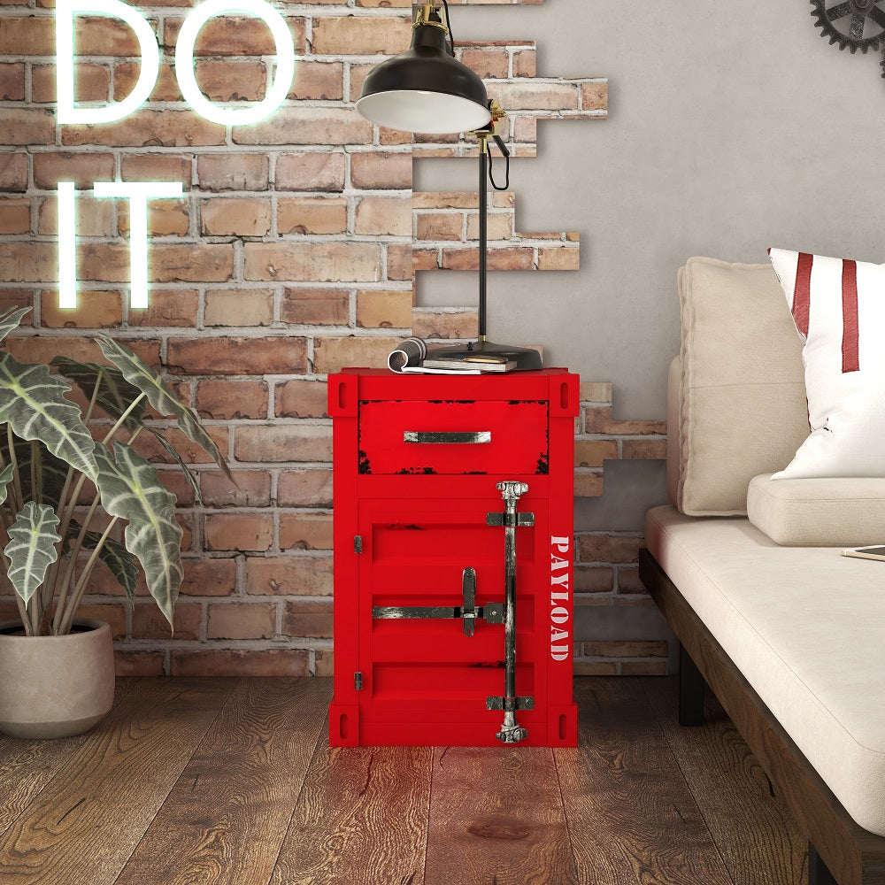 Ctainer Industrial Loft Red Nightstand Retro Bedside Storage Cabinet with Door & Drawer