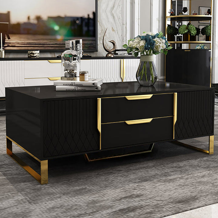 Aro Nordic Rectangular Black Coffee Table with Storage of Drawers & Doors in Gold