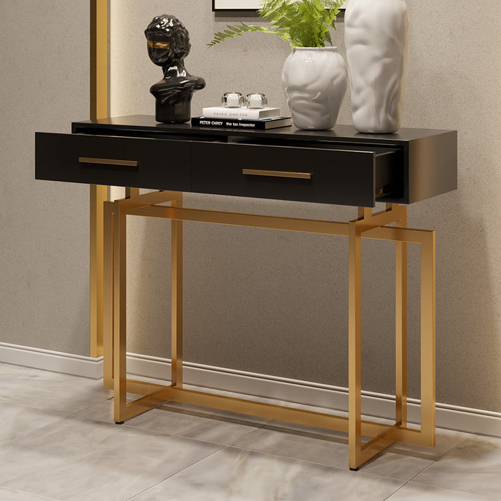 1200mm Modern Narrow Black Console Table with Storage Drawers and Metal Legs in Gold