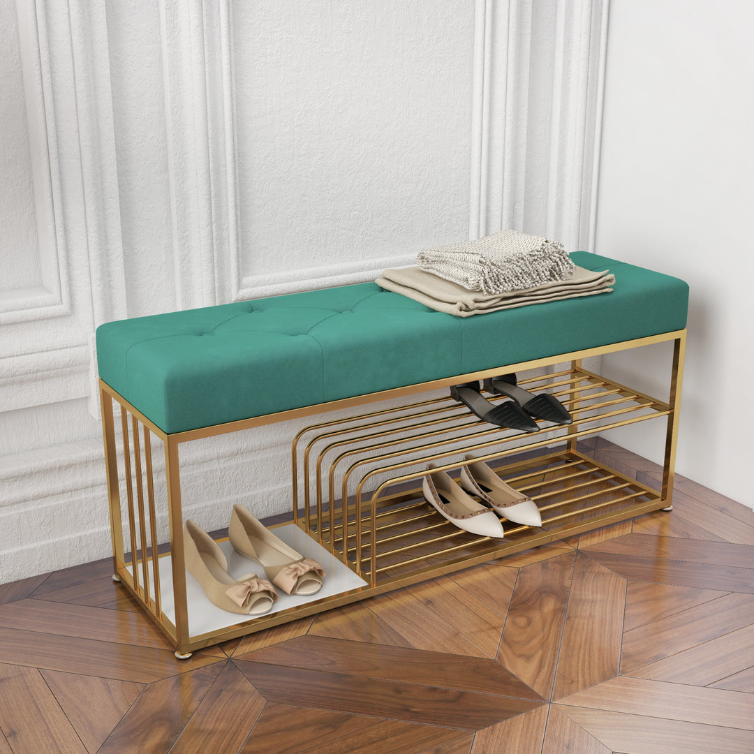 Velvet Upholstered Hallway Bench with Storage Bed Bench in Green