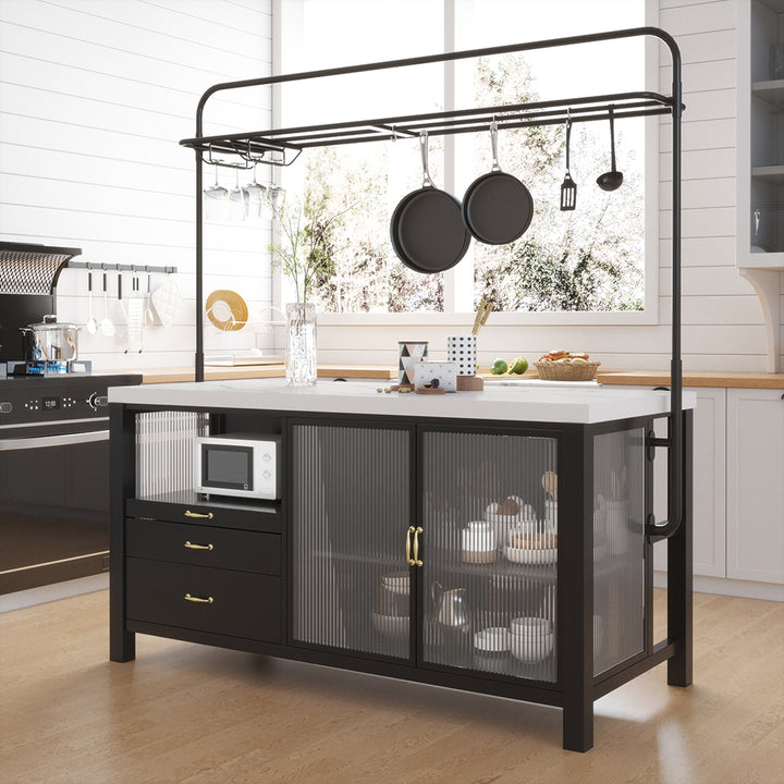 1630mmm Black Kitchen lsland with Pot Rack Marble Pattern Kitchen Cabinet with Storage