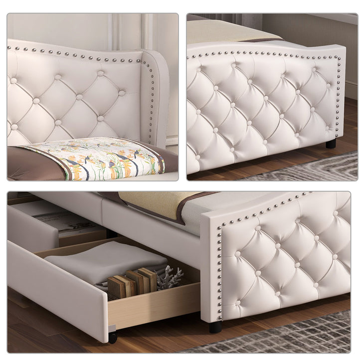 Double Upholstered Bed with Slatted Frame and 2 Drawers