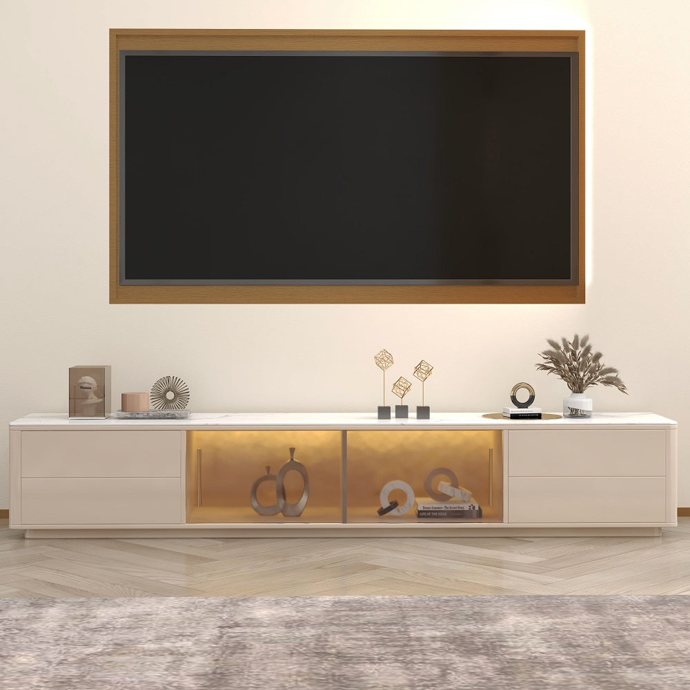 2200mm White Wood Rectangle TV Stand Sintered Stone Top 4-Drawer Glass Doors Cabinet