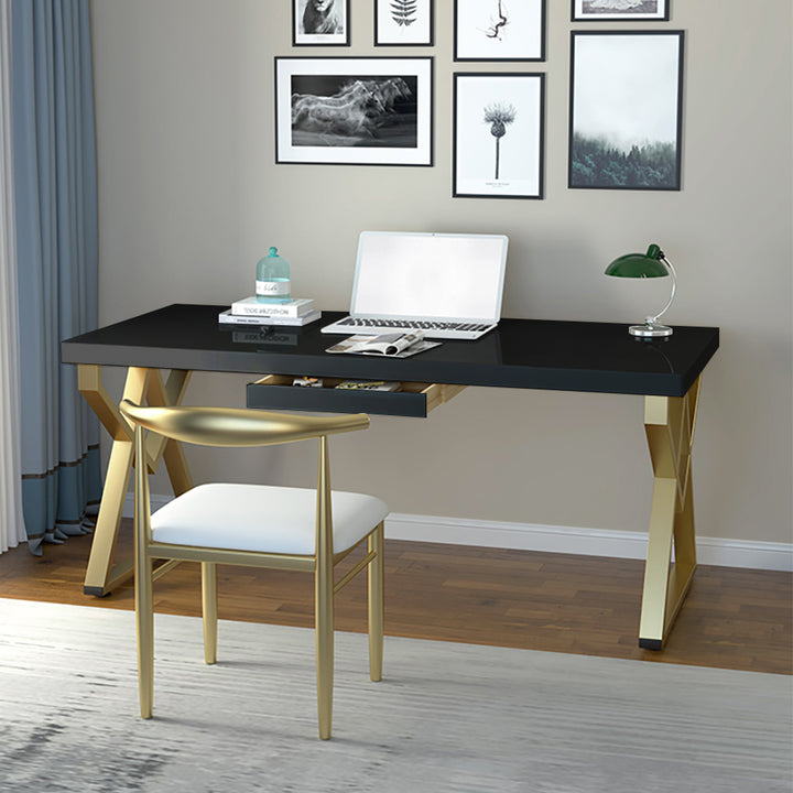 1200mm Modern Rectangular Black Writing Desk with Gold Metal Base Wooden Home Office Desk with Drawer