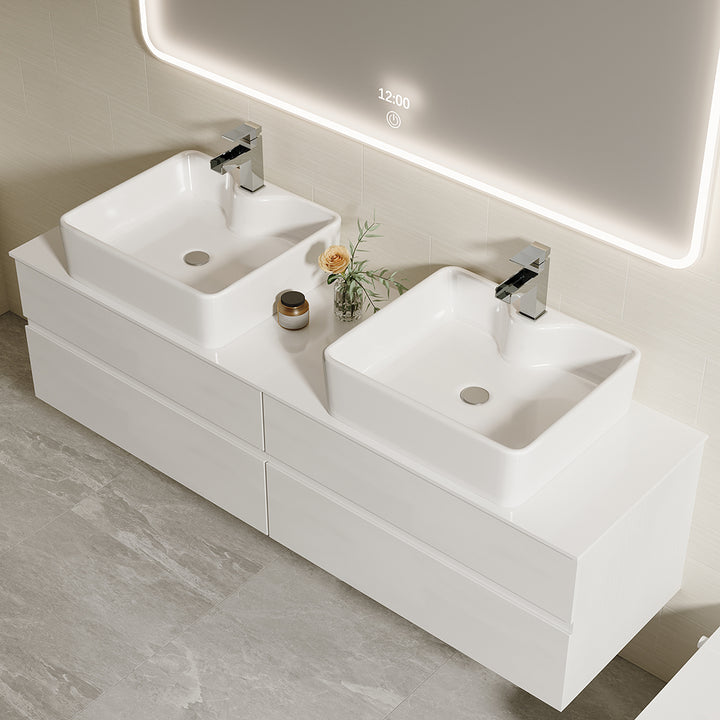 60" Floating Bathroom Vanity Cultured Marble Top with Ceramic Vessel Sink White