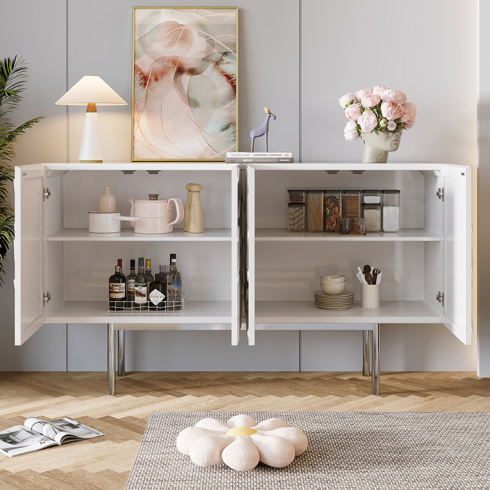 1500mm White Sideboard Buffet with Doors Modern Carved Credenza Adjustable Shelves