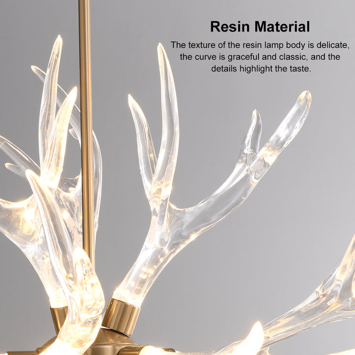 9-Light Resin Deer Horn Antler Ceiling Chandelier Lighting in Gold