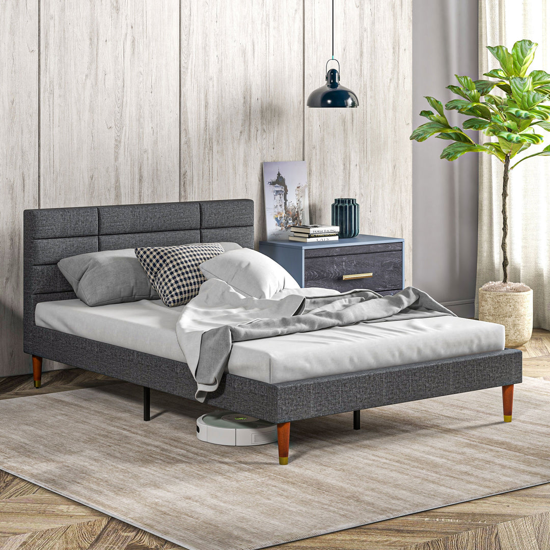 4ft5 Upholstered Double Platform Bed Frame with Underbed Storage Tufted Headboard Wood Slat No Box Spring Needed