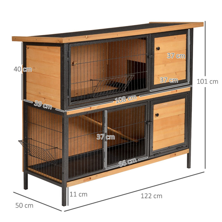 2-Floor Wooden Guinea Pigs Hutches Bunny Cage Metal Frame Pet House with Slide-Out Tray Feeding Trough Ramp Lockable Door