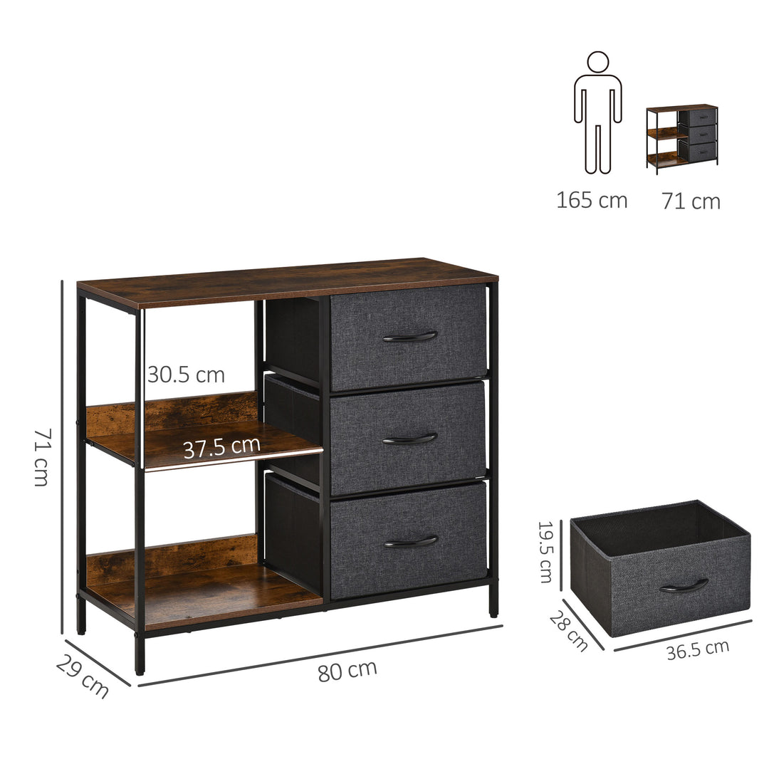 Storage Dresser: 3 Fabric Drawers & 2 Display Shelves in Black for Living Room & Bedroom