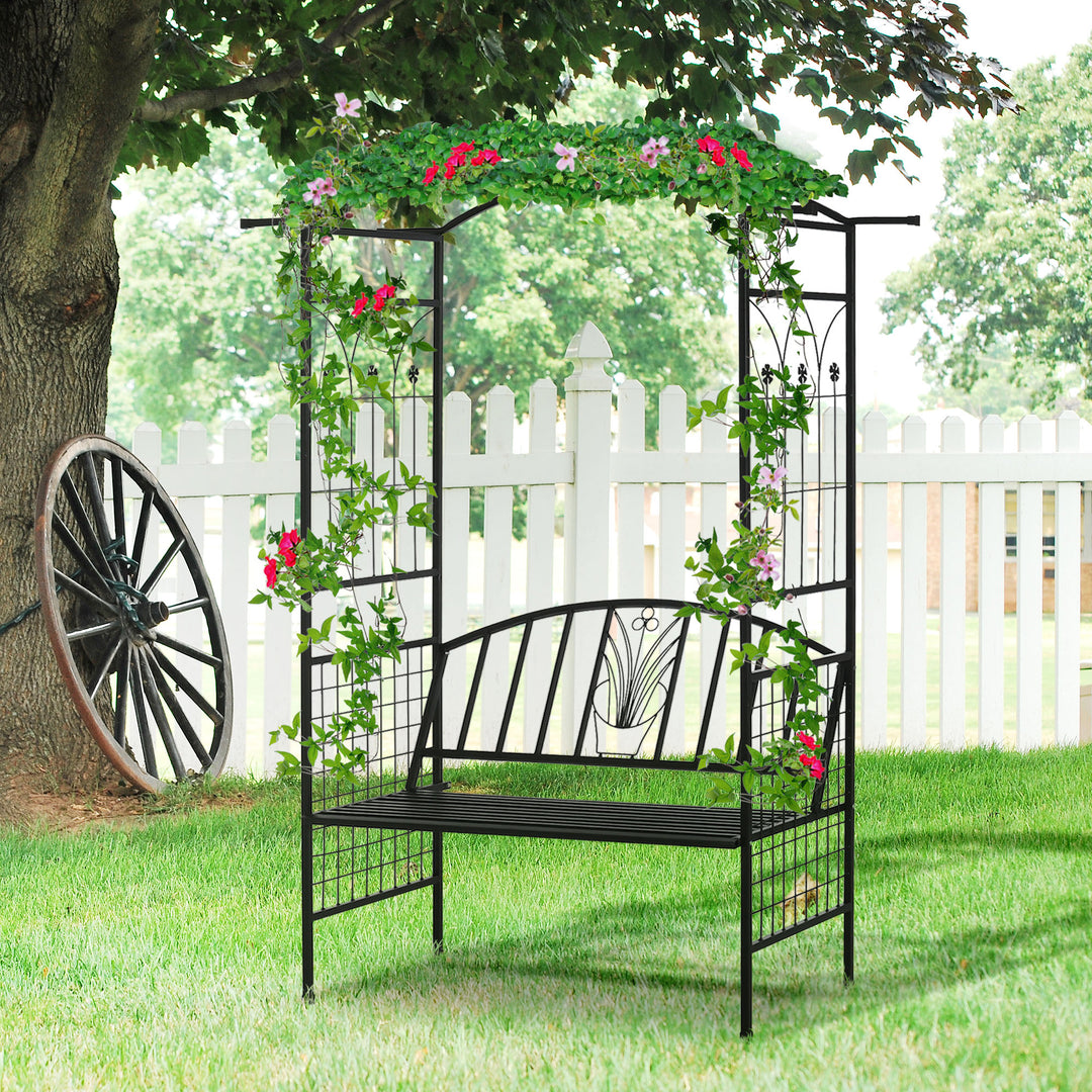 Garden Metal Arch Arbour with Bench Love Seat Chair Outdoor Patio Rose Trellis Pergola Climbing Plant Archway Tubular - 154L x 60W x 205Hcm