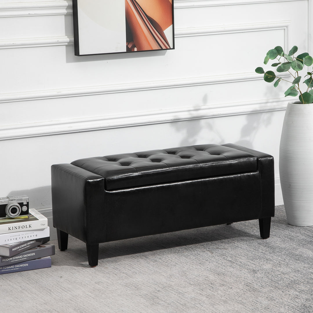 HOMCOM Ottoman Storage Bench, PU Leather Chest with Tufted Lid, Flip Top, Black