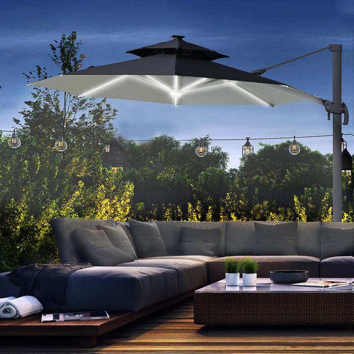 3m Cantilever Parasol w/ Solar Lights Power Bank Cross Base Adjustable Canopy 360° Spin Garden Umbrella 2-Tier Roof Sun Shade Grey