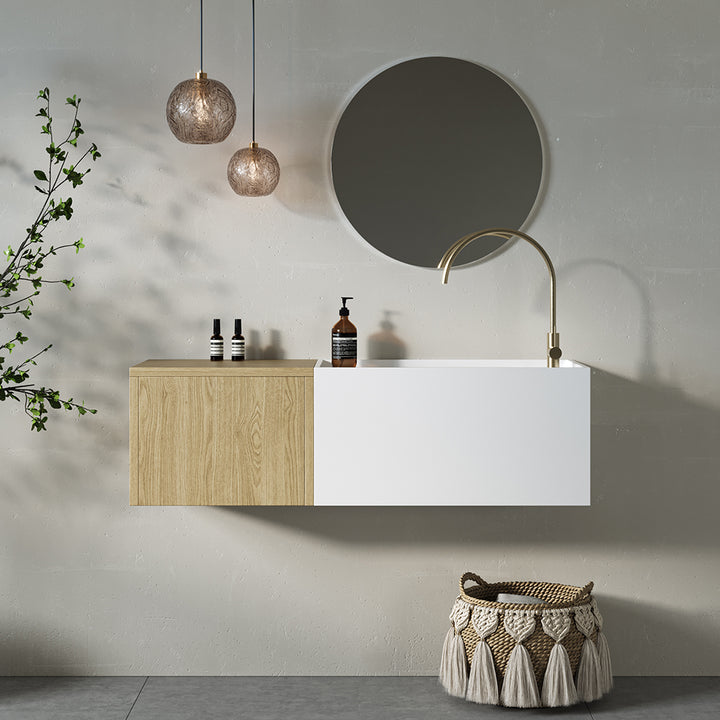 Floating Bathroom Vanity Wall-mounted Single Sink with Cabinet in Light Wood & White