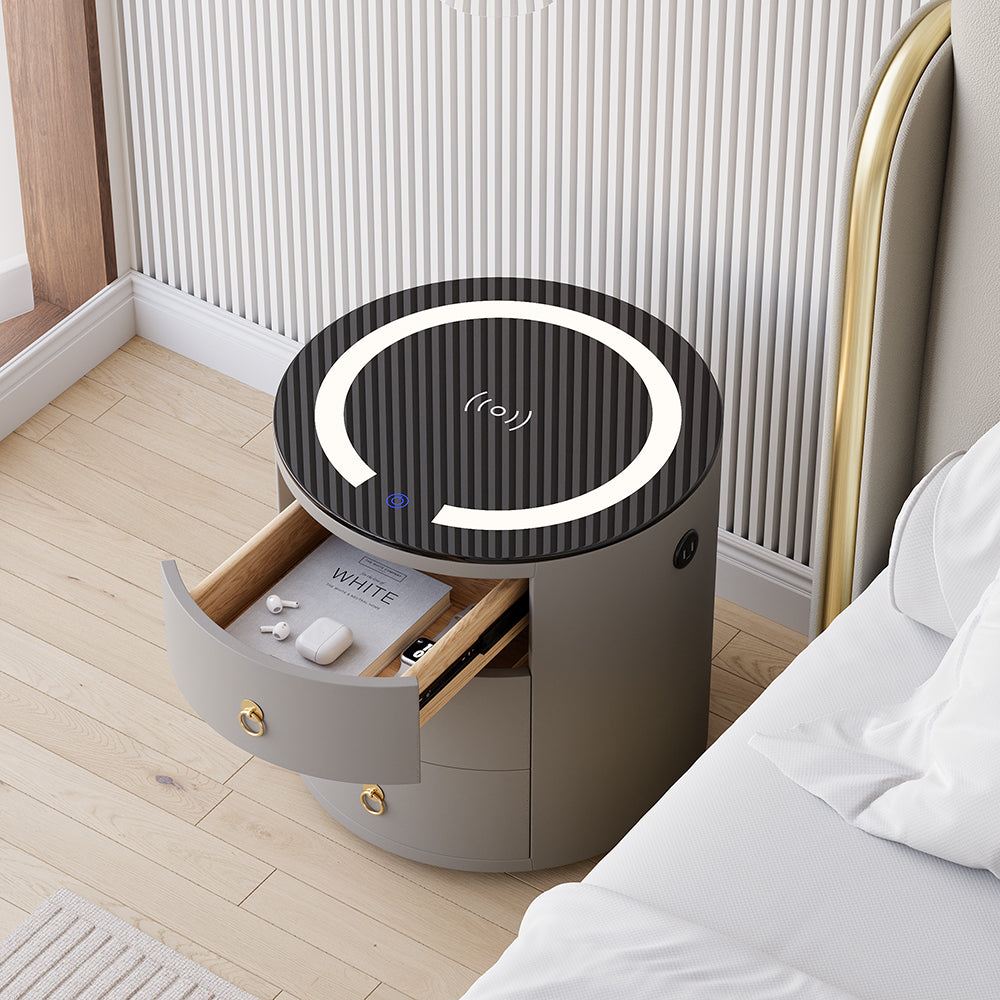 Modern Grey Round Nightstand with Light & Wireless Charging & Speakers & USB Port