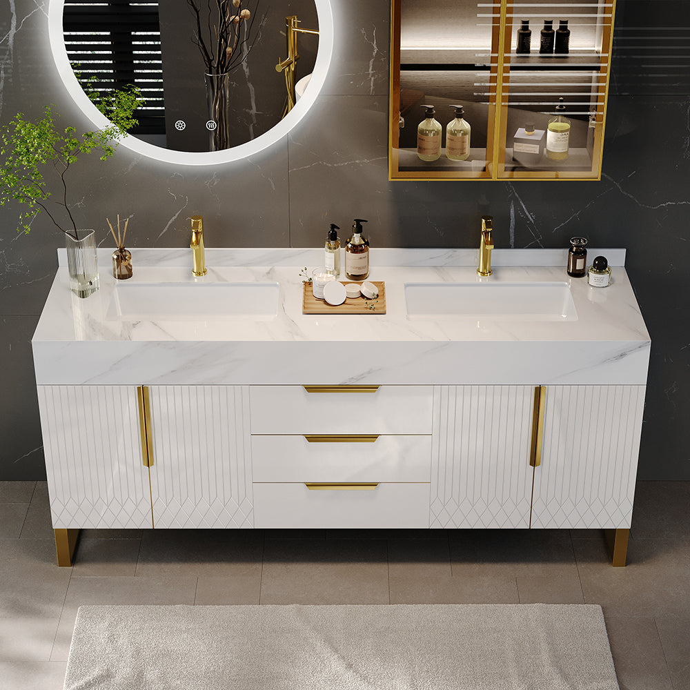 59" Bathroom Vanity Freestanding Cultured Marble Top with Double Sink Drawers & Doors White