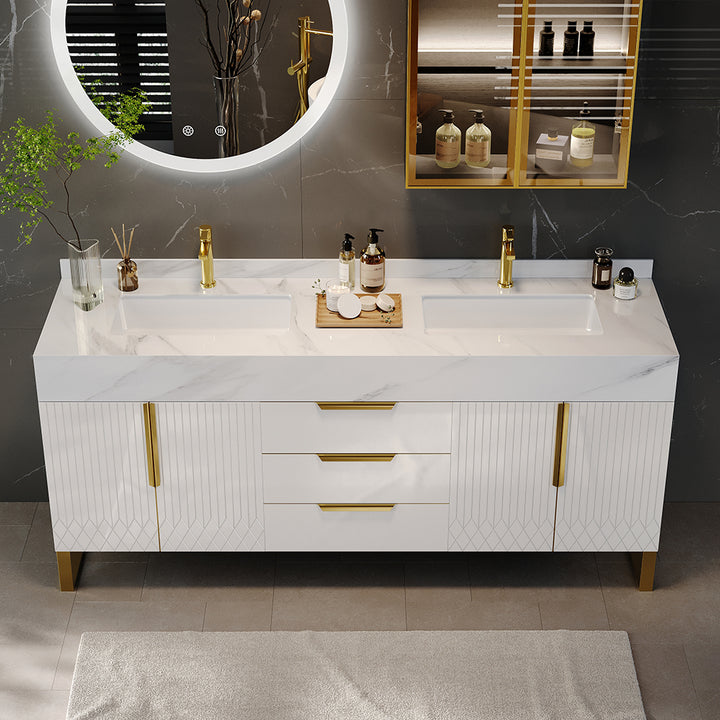 59" Bathroom Vanity Freestanding Cultured Marble Top with Double Sink Drawers & Doors White