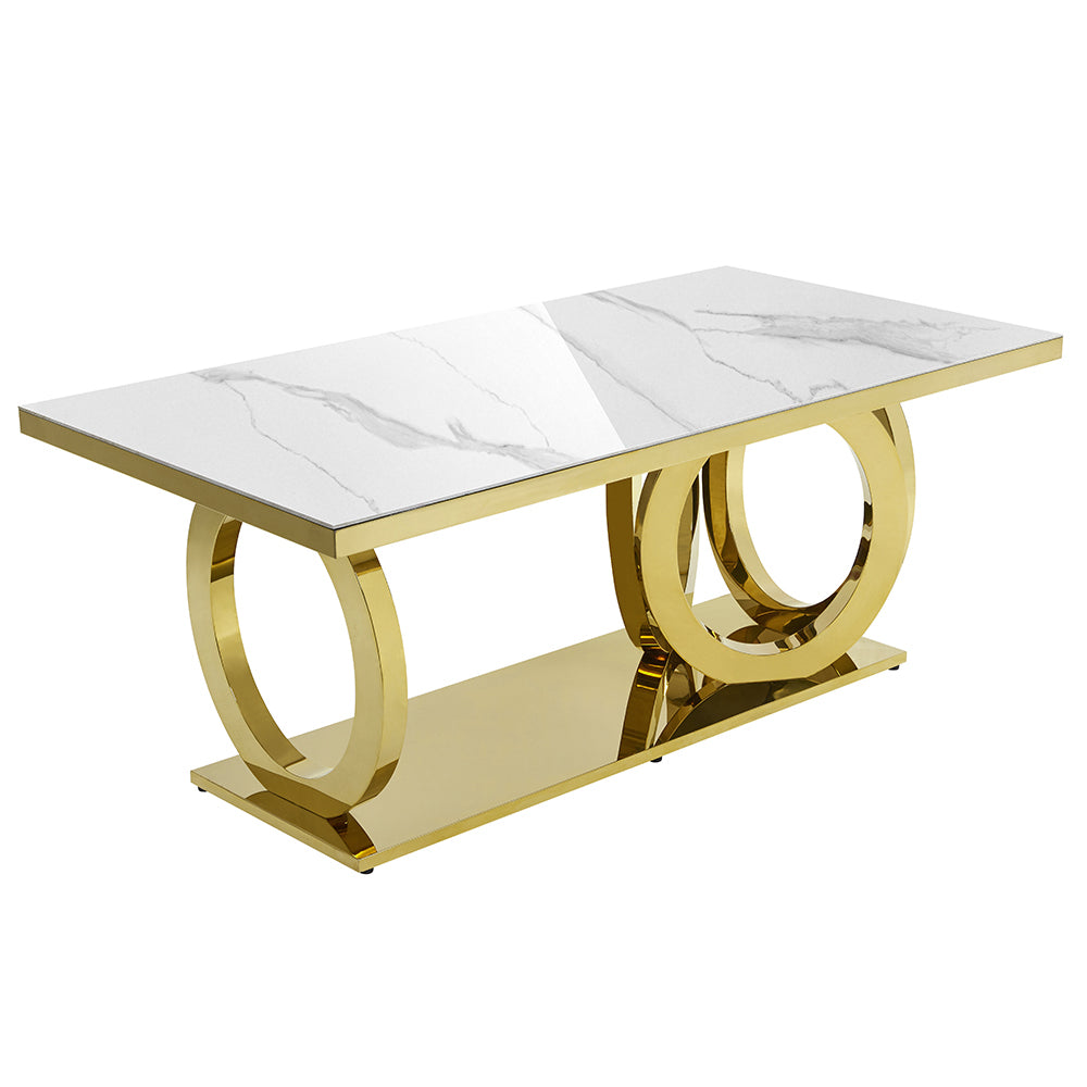 79" Rectangle Marble Dining Table Stainless Steel Base in Luxury Gold Modern White Dining Room Table