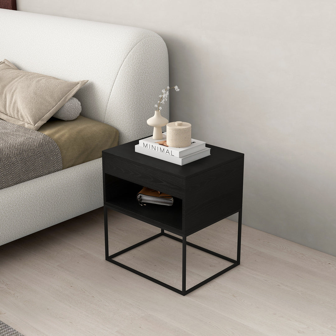 Black Modern BedsideTable with Drawer and Black Metal Base