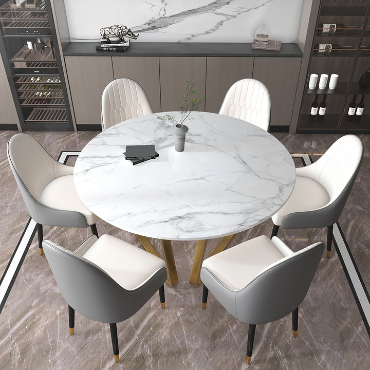 59'' White Modern Round Faux Marble Dining Table Stainless Steel Base for 8 Seaters