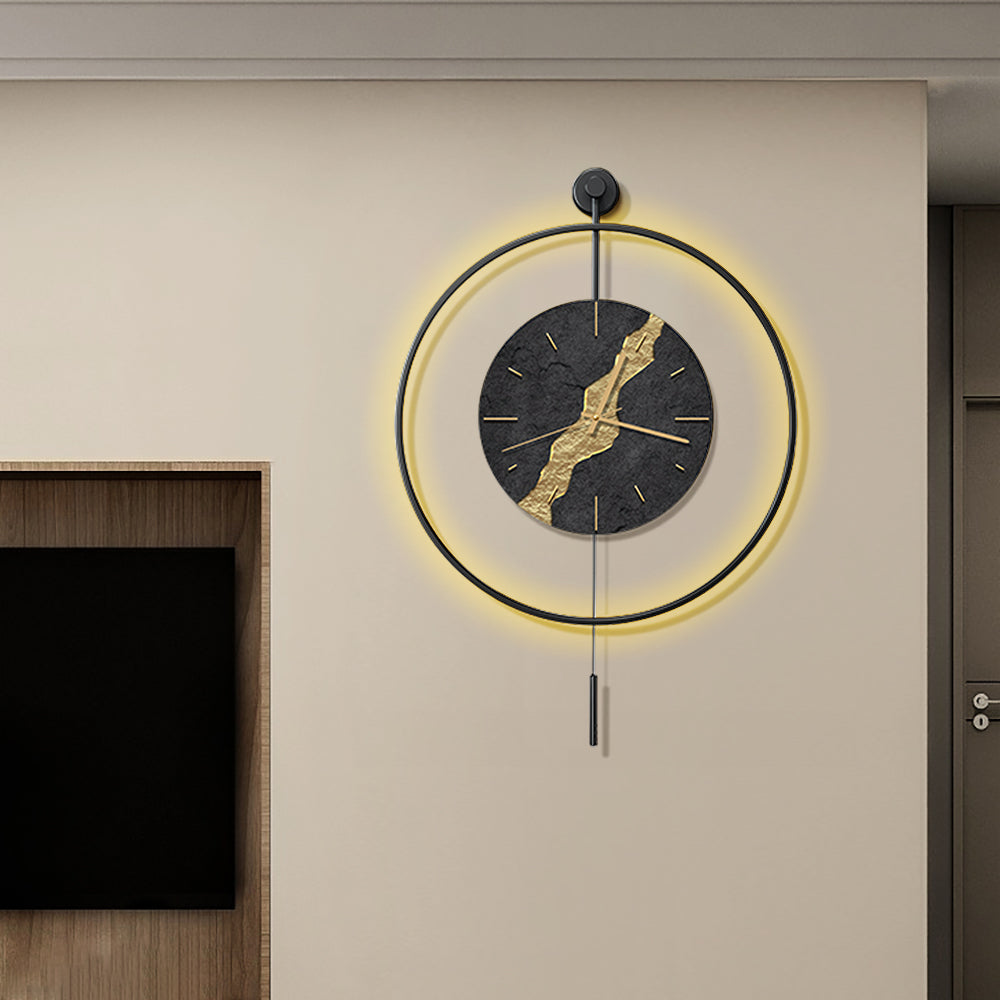 Black & Gold LED Light Pendulum Wall Clock Metal Wall Art Silent Wall Clock