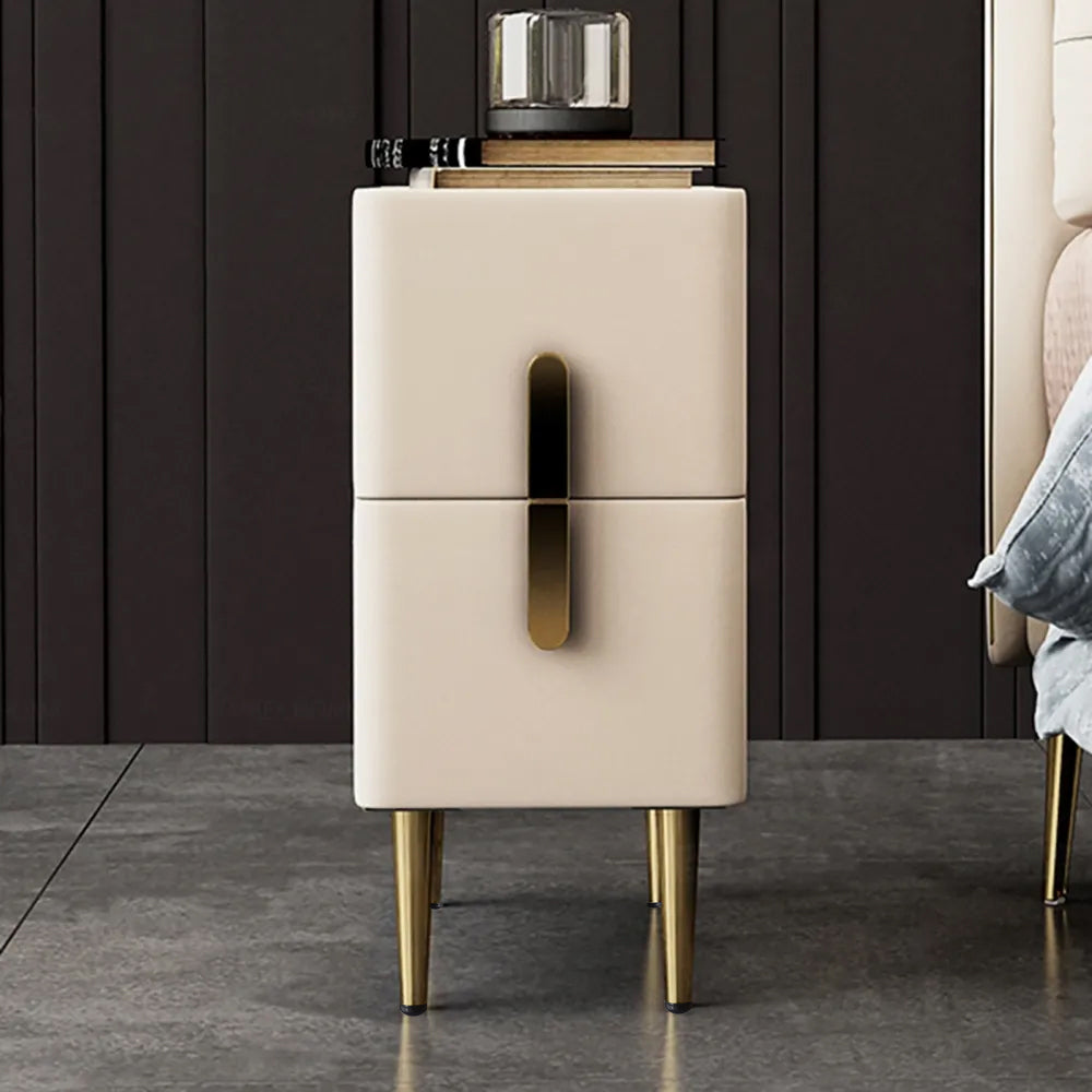 Inarrow Modern Beige Nightstand Bedside Table with 2 Drawers in Gold Legs