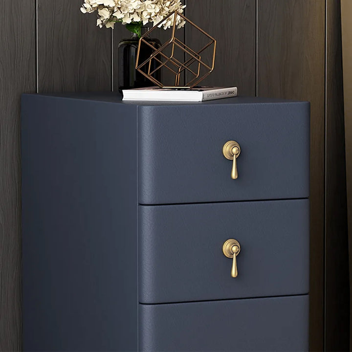 Modern Blue 3-Drawer Nightstand Narrow Bedside Table with Faux Leather Upholstery